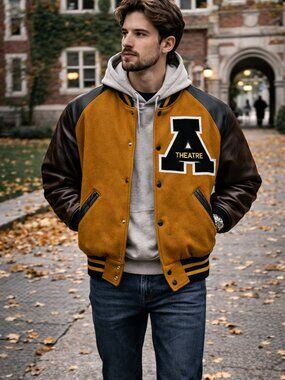 Vintage Varsity Jacket Theatre Patch Wool Leather Neff USA Mustard Black Men’s S